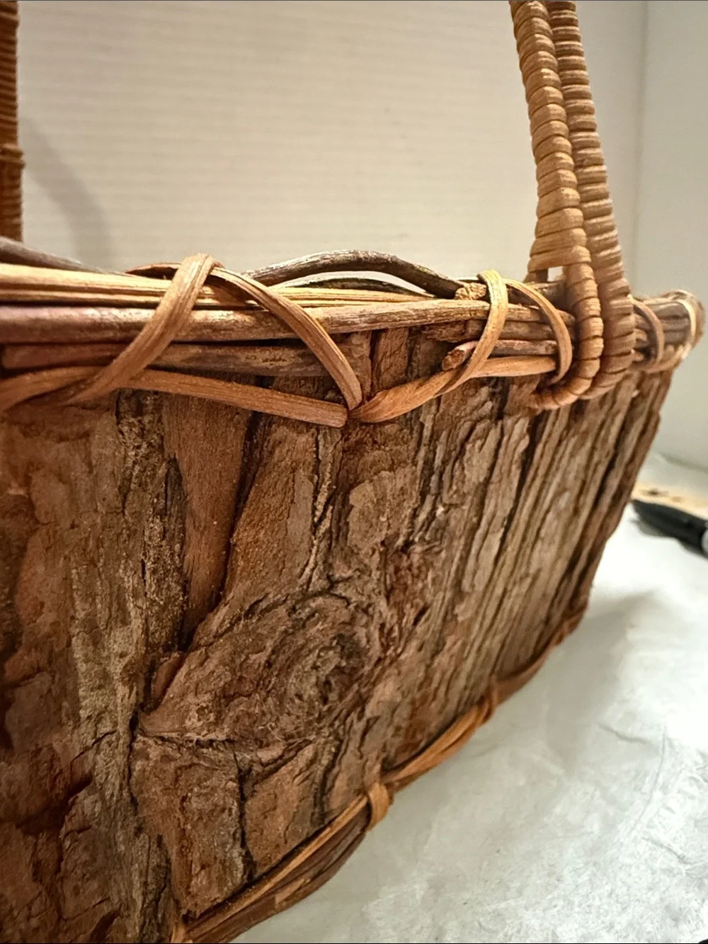 Rustic Brown Woven Bark Basket with Handle - Home Accents